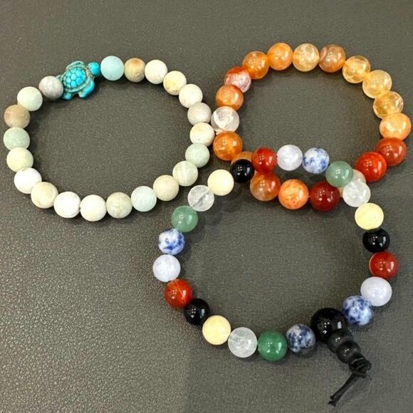 Lot of 3 Gemstone Beaded Stretch Bracelets Matte Amazonite Agate Multi Stone - Picture 1 of 4